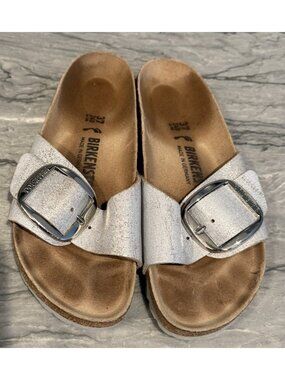 Birkenstock MADRID Big Buckle Metallic Silver LEATHER Sandals Womens 37/6 N